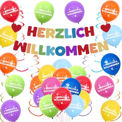 Herzlich Willkommen Girlande Ballons Deko - Welcome Home Dekoration Bunt Banner Luftballons und Hängende Spiralen, Regenbogen Dekorationen für Babyparty Empfang Familienfeiern von Tasoraor