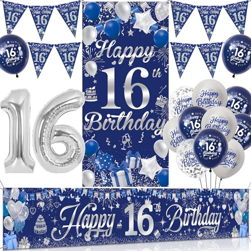 Tasoraor 16 Geburtstag Deko Junge Set - Blau Silber Geburtstagsdeko mit Große Happy 16 Birthday Banner, Konfetti Ballons Wimpel und XXL Zahlen Luftballon für 16 Geburtstag Dekoration von Tasoraor