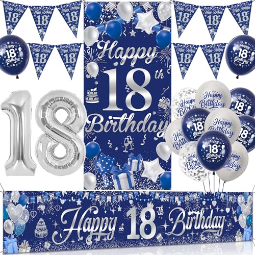 Tasoraor 18 Geburtstag Deko Junge Set - Blau Silber Geburtstagsdeko mit Große Happy 18 Birthday Banner, Konfetti Ballons Wimpel und XXL Zahlen Luftballon für 18 Geburtstag Dekoration von Tasoraor