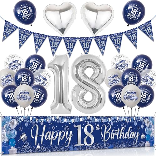 Tasoraor 18 Geburtstag Deko Junge Set - Blau Silber Große Happy 18 Birthday Banner, Konfetti Ballons Wimpel und XXL Zahlen Luftballon für 18 Geburtstagsdeko von Tasoraor