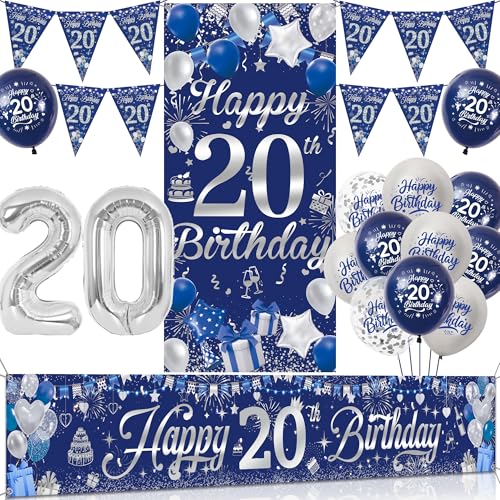 Tasoraor 20 Geburtstag Deko Mann Set - Blau Silber Geburtstagsdeko mit Große Happy 20 Birthday Banner, Konfetti Ballons Wimpel und XXL Zahlen Luftballon für Männer 20 Geburtstag Dekoration von Tasoraor