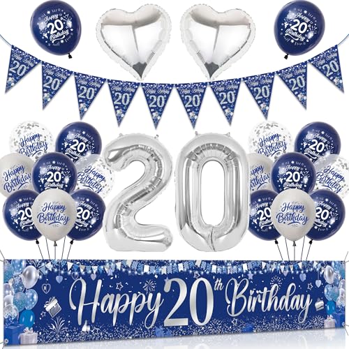Tasoraor 20 Geburtstag Deko Mann Set - Blau Silber Große Happy 20 Birthday Banner, Konfetti Ballons Wimpel und XXL Zahlen Luftballon für Männer 20 Geburtstagsdeko von Tasoraor