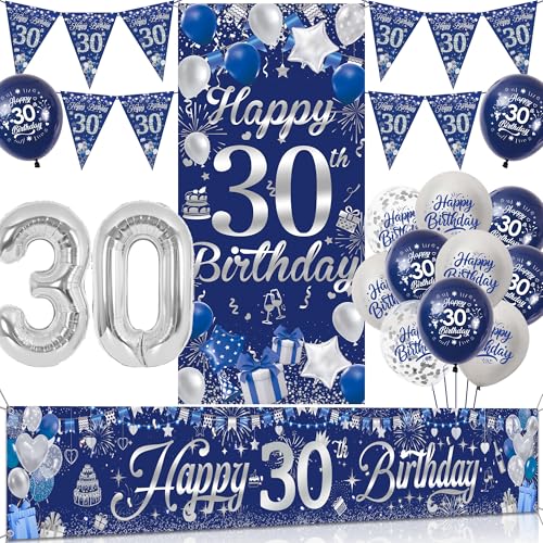 Tasoraor 30 Geburtstag Deko Mann Set - Blau Silber Geburtstagsdeko mit Große Happy 30 Birthday Banner, Konfetti Ballons Wimpel und XXL Zahlen Luftballon für Männer 30 Geburtstag Dekoration von Tasoraor