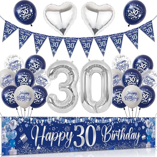 Tasoraor 30 Geburtstag Deko Mann Set - Blau Silber Große Happy 30 Birthday Banner, Konfetti Ballons Wimpel und XXL Zahlen Luftballon für Männer 30 Geburtstagsdeko von Tasoraor