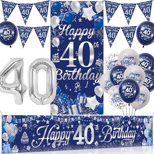 Tasoraor 40 Geburtstag Deko Mann Set - Blau Silber Geburtstagsdeko mit Große Happy 40 Birthday Banner, Konfetti Ballons Wimpel und XXL Zahlen Luftballon für Männer 40 Geburtstag Dekoration von Tasoraor