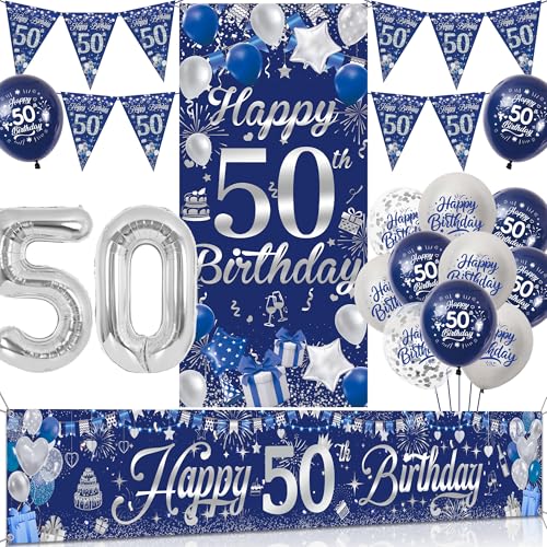 Tasoraor 50 Geburtstag Deko Mann Set - Blau Silber Geburtstagsdeko mit Große Happy 50 Birthday Banner, Konfetti Ballons Wimpel und XXL Zahlen Luftballon für Männer 50 Geburtstag Dekoration von Tasoraor