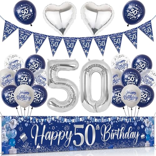 Tasoraor 50 Geburtstag Deko Mann Set - Blau Silber Große Happy 50 Birthday Banner, Konfetti Ballons Wimpel und XXL Zahlen Luftballon für Männer 50 Geburtstagsdeko von Tasoraor