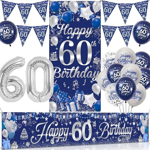Tasoraor 60 Geburtstag Deko Mann Set - Blau Silber Geburtstagsdeko mit Große Happy 60 Birthday Banner, Konfetti Ballons Wimpel und XXL Zahlen Luftballon für Männer 60 Geburtstag Dekoration von Tasoraor