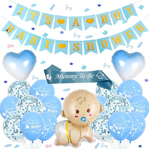 Tasoraor Babyparty Deko Junge Blau - Baby Shower Dekoration Ballons Girlande und Konfetti, Mummy to Be Schärpe Neugeborene Folienballoon für Gender Reveal Party Babydusche von Tasoraor