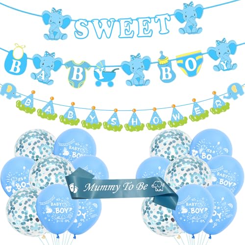 Tasoraor Babyparty Deko Junge Blau - Baby Shower Dekoration Ballons Sweet Boy Girlande, Elefant Banner und Mummy to Be Schärpe für Gender Reveal Party Babydusche von Tasoraor