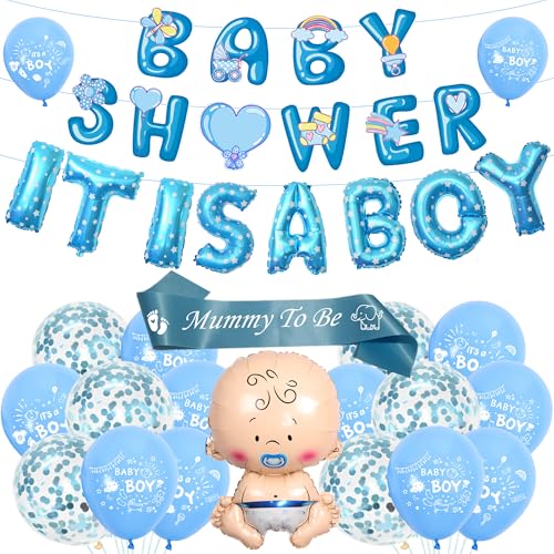 Tasoraor Babyparty Deko Junge Blau - Baby Shower Dekoration Girlande It's A Boy Ballons, Mummy to Be Schärpe Neugeborene Folienballoon für Gender Reveal Party Babydusche von Tasoraor