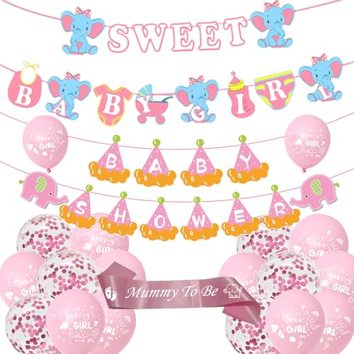 Tasoraor Babyparty Deko Mädchen Rosa - Baby Shower Dekoration Ballons Sweet Boy Girlande, Elefant Banner und Mummy to Be Schärpe für Gender Reveal Party Babydusche von Tasoraor