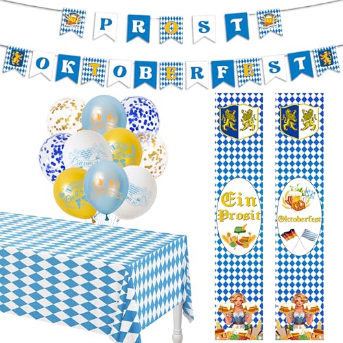 Tasoraor Oktoberfest Deko Banner Ballons - Bayerische Party Dekoration Luftballons Türbanner, Blau Weiß Wimpelkette und Tischdecke für Bierfest Bayrische Festival (Girlande) von Tasoraor