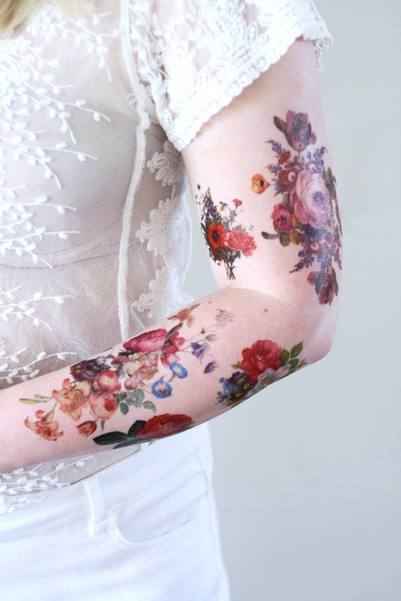 Buntes Florales Temporäres Tattoo-Set | Vintage Florale Temporäre Tattoos Bunte Blumen Rosentattoo Blumen-Tattoo-Set Geschenkset von Tattoorary