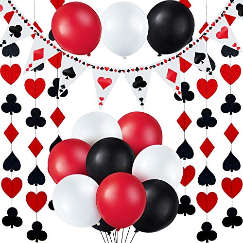 19 Stück Casino Party Dekorationen - Poker Wimpelkette Banner, String Dekorationen, Rot Schwarz Weiß Latex Ballons für Geburtstag Poker Themenparty von Tatuo
