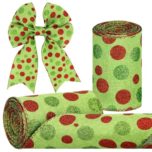 Tatuo 2 Rollen Weihnachtsband mit Glitzer, Drahtband, Weihnachtsbaum, Juteband, grün mit roten Punkten, glitzernde Weihnachtsbaumdekoration, DIY-Schleifen, Kranz (10,2 cm x 6 m pro Rolle, grüne Basis) Tatuo 2 Rollen Weihnachtsband mit Glitzer, Drahtband, Weihnachtsbaum, Juteband, grün mit roten Punkten, glitzernde Weihnachtsbaumdekoration, DIY-Schleifen, Kranz (10,2 cm x 6 m pro Rolle, grüne Basis) von Tatuo