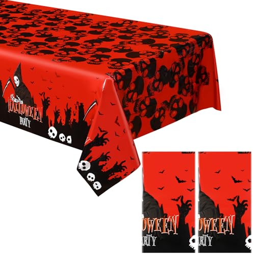 Tatuo 2 Stück Halloween Tischtuch 137 x 183 cm Halloween Tischdecke aus Kunststoff Rot Schwarzer Totenkopf Fledermaus Geist Halloween Tischdecke Deko für Draußen Rechteckige Tischdecken für Halloween von Tatuo