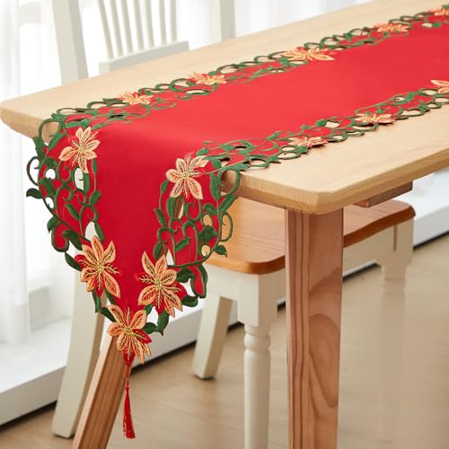 Tatuo Weihnachtsdecken Tischläufer 38 x 176 cm Weihnachten Rote Bestickte Tischläufer Blumen Blätter Weihnachten Tischband Weihnachtsläufer Tischdeko für Winter Fest von Tatuo