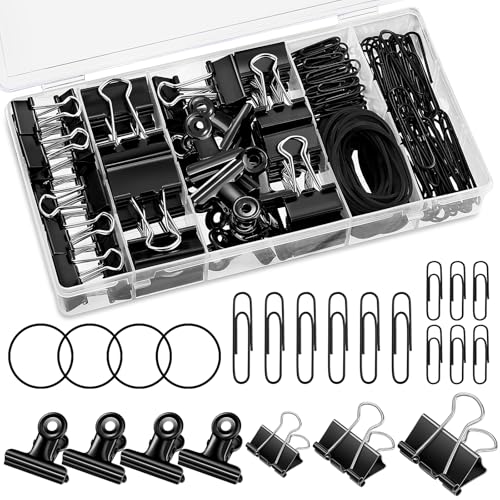 Tatxmalv 199 Stück Foldback Klammern Set, 19mm/25mm/32mm Büroklammer Bunt Binder Clips mit Mini Clips und Gummiband, Binder Clips Metall für Büros, Schulen und Tägliche Verwendung (Schwarz) von Tatxmalv