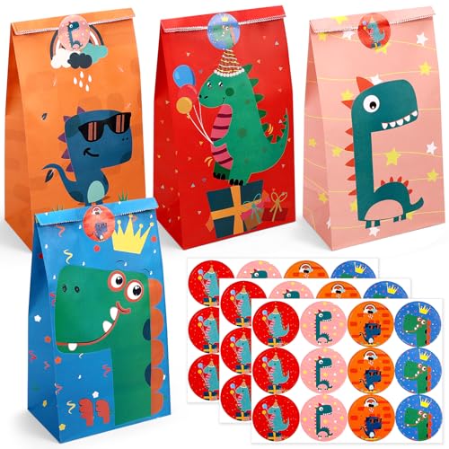 Tatxmalv 24 Stück Dinosaurier Papiertüten, 24x13x8cm Klein Geschenktüten, Kindergeburtstage Bunte Candy Tüten mit 36 Aufkleber für Kindergeburtstag, Verpacken von Geschenken von Tatxmalv