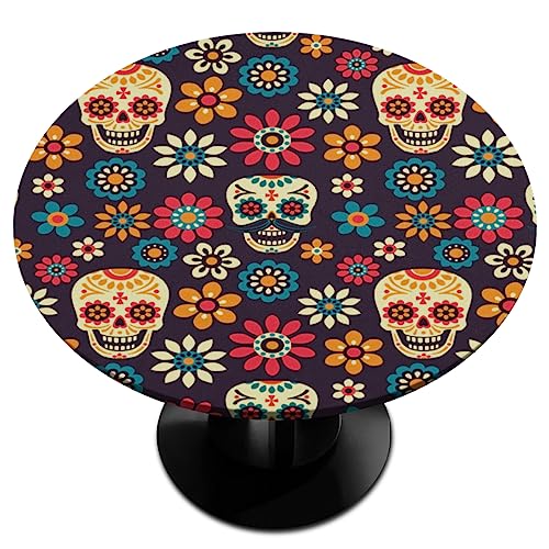 Childish Skulls Flower Round Fitted Tablecloth with Elastic Edge Round Table Cloth Waterproof Wipeable Table Cover for Kitchen Dining Party Patio Card Table Fits 36"-42" Diameter von Tavisto