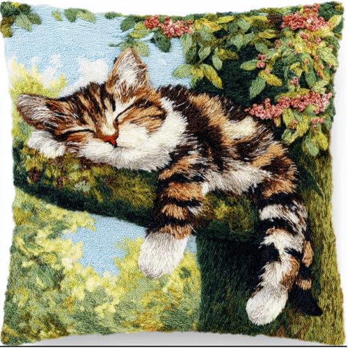 43Cmx43Cm Für Kinder Und Erwachsene, Katze Im Freien Baum Schlafen Diy Tier Landschaft Knüpfkissen Stickkissen Knüpfset Mit Bedruckter Leinwand Knüpfpackung Zum Selber Knüpfen Teppich Latch von Taxpy