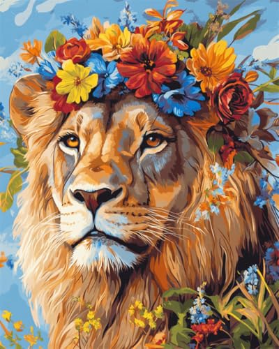 DIY Malen-Nach-Zahlen（Diy-Rahmen）40x50cm Cartoon-Löwe Trägt Blumen Digitales Malen Auf Leinwand，Acrylpigment-Sets Für Die Wanddekoration Für Zuhause Als Geschenk von Taxpy