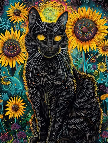 DIY Malen-Nach-Zahlen（Diy-Rahmen）40x50cm Schwarzes Katzentier Und Sonnenblumen Malen-Nach-Zahlen-Sets，Ölgemälde-Set Auf Leinwand，Kunsthandwerk，Acrylpigment，Zeichnung，Malerei Als Geschenk，Wandde von Taxpy