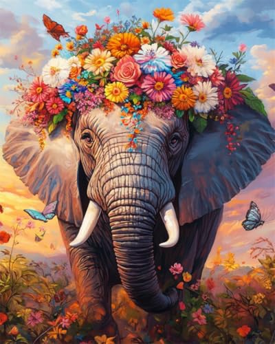 DIY Malen-Nach-Zahlen（Kein Rahmen）50x70cm Cartoon-Elefant Mit Blumenmuster Malen Nach Zahlen Für Erwachsene，Anfänger，Mal-Sets Auf Leinwand，Kreative Freizeitgestaltung Für Erwachsene，Heimdekoratio von Taxpy