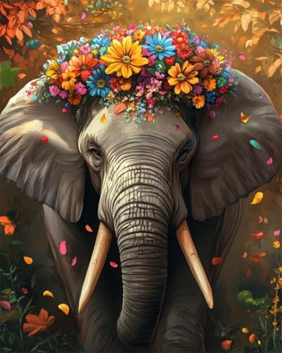 DIY Malen-Nach-Zahlen（Kein Rahmen）50x70cm Cartoon-Elefant Mit Blumenmuster Malen-Nach-Zahlen-Sets，Ölgemälde-Set Auf Leinwand，Kunsthandwerk，Acrylpigment，Zeichnung，Malerei Als Geschenk，Wanddekora von Taxpy
