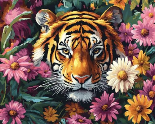 DIY Malen-Nach-Zahlen（Kein Rahmen）50x70cm Tiger Und Bunte Blumen Ölgemälde-Set Auf Leinwand，Malen Nach Zahlen，Vintage，Wanddekoration Für Zuhause Und Das Büro von Taxpy