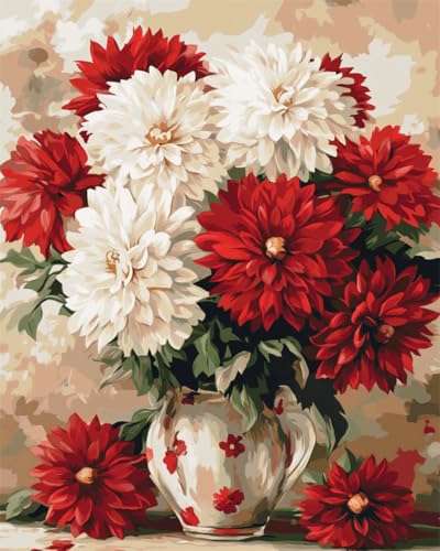DIY Malen Nach Zahlen Pinsel Set（Diy-Rahmen）30x40cm Rote Dahlien In Der Vase Malen Nach Zahlen Für Erwachsene，Anfänger，Mal-Sets Auf Leinwand，Kreative Freizeitgestaltung Für Erwachsene，Heimdekorat von Taxpy