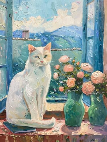DIY Malen Nach Zahlen Pinsel Set（Kein Rahmen）40x50cm Fensterbank Weiß Katze Tier Malen-Nach-Zahlen-Sets，Ölgemälde-Set Auf Leinwand，Kunsthandwerk，Acrylpigment，Zeichnung，Malerei Als Geschenk，Wand von Taxpy