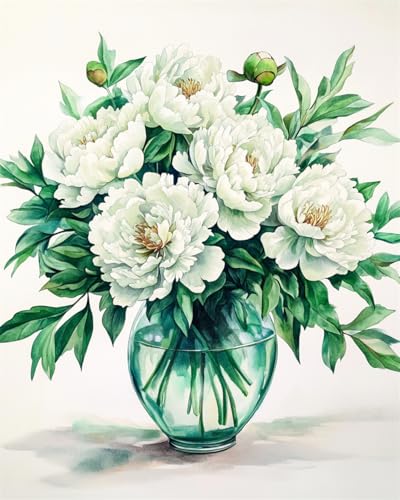 DIY Malen Nach Zahlen Pinsel Set（Kein Rahmen）40x50cm Grüne Pfingstrosen In Der Vase Malen Nach Zahlen Für Erwachsene，Anfänger，Mal-Sets Auf Leinwand，Kreative Freizeitgestaltung Für Erwachsene，Heim von Taxpy