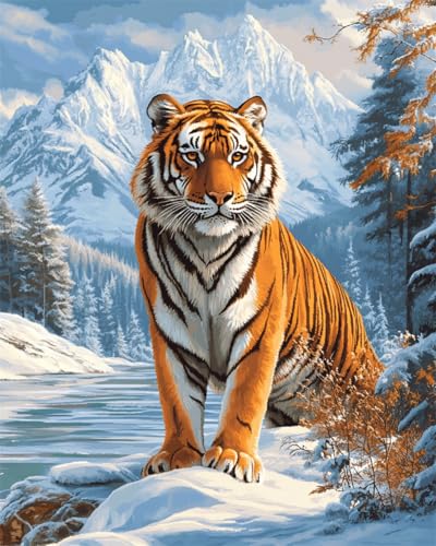 DIY Malen Nach Zahlen Pinsel Set（Kein Rahmen）40x50cm Tiger Tier Im Schnee Malen-Nach-Zahlen-Set，Malen Nach Zahlen，Dekorative Gemälde Für Erwachsene Und Kinder von Taxpy