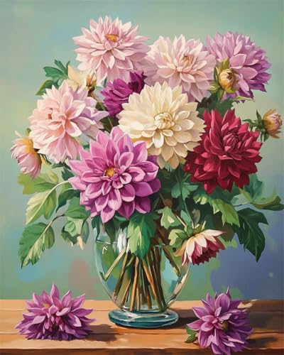 DIY Malen Nach Zahlen Set（Diy-Rahmen）50x70cm Bunte Dahlien In Einer Vase Malen-Nach-Zahlen-Sets，Ölgemälde-Set Auf Leinwand，Kunsthandwerk，Acrylpigment，Zeichnung，Malerei Als Geschenk，Wanddekorati von Taxpy