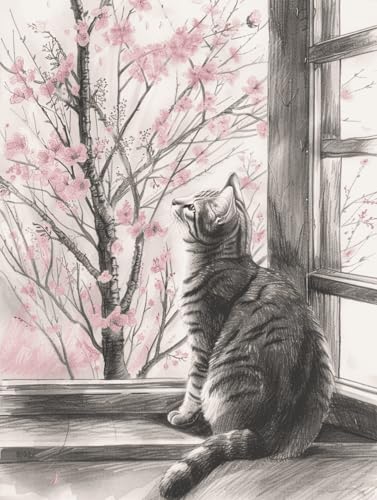 DIY Malen Nach Zahlen Set（Diy-Rahmen）50x70cm Katze Und Blumenbaum Am Fenster Malen-Nach-Zahlen-Sets，Ölgemälde-Set Auf Leinwand，Kunsthandwerk，Acrylpigment，Zeichnung，Malerei Als Geschenk，Wanddeko von Taxpy