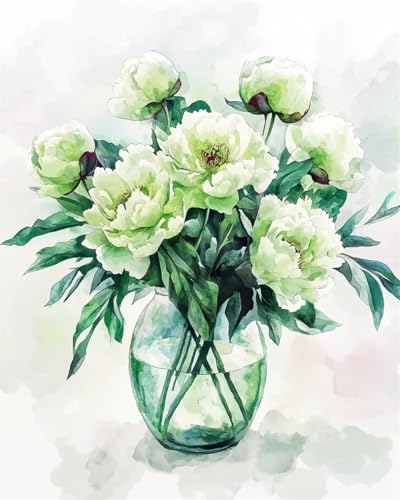 DIY Malen Nach Zahlen Set（Kein Rahmen）30x40cm Grüne Pfingstrosen In Der Vase Malen Nach Zahlen Für Erwachsene，Anfänger，Mal-Sets Auf Leinwand，Kreative Freizeitgestaltung Für Erwachsene，Heimdekorat von Taxpy