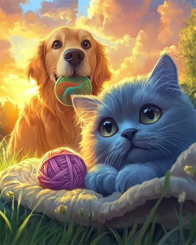 DIY Malen Nach Zahlen Set（Kein Rahmen）30x40cm Katzen Und Hunde Tiere Malen-Nach-Zahlen-Sets，Ölgemälde-Set Auf Leinwand，Kunsthandwerk，Acrylpigment，Zeichnung，Malerei Als Geschenk，Wanddekoration F von Taxpy