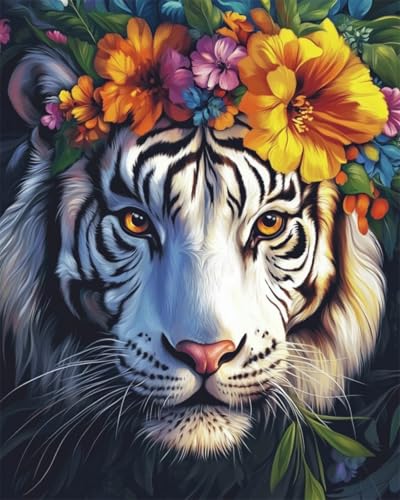 Diy Stickbilder Erwachsene Cartoon Weißer Tiger Trägt Blumen Diy-Perlenstickerei-Materialpaket, Handgefertigtes Stereoskopisches Foto, Ornament, Geschenk 40x50cm von Taxpy