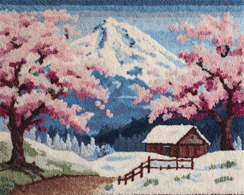 Knüpfteppich Zum Selber Knüpfen, Japanische Kirschblüten-Schneeszene 52X38Cm Knüpfhaken-Sets Für Anfänger, Tapisserie Teppich Knüpf-Sets Knüpfsets Latch Hook Kit Selbst Knüpfen Set Für Erwac von Taxpy