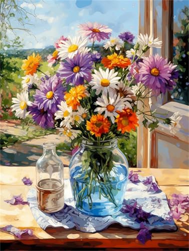 Taxpy 11CT Farbige Chrysanthemen Diy Cross Stitch Kit Blumen Am Fenster Diy-Kreuzstich-Stickerei-Set，Handarbeitsset，Bedruckte Leinwand，Starter-Set Für Erwachsene Und Anfänger 60x80cm von Taxpy
