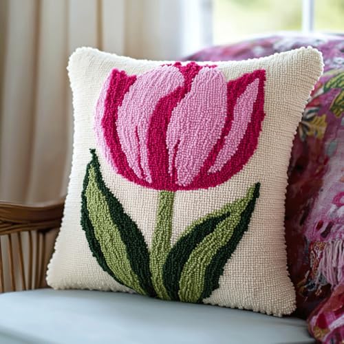Taxpy DIY Latch Cushion Set, Rosa Tulpenblüten Latch Hook Kits, Cushion Cover, Embroidery Rug Set,Crochet Cushion, Knüpfkissen Knüpfset, 43x43cm von Taxpy