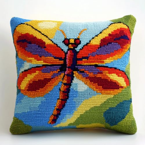 Taxpy DIY Latch Hook Set, Cartoon-Libelle Latch Hook Cushion Kit Sofa Cushion Cover, Stickerei Knüpf-Sets, Knüpfkissen Diy Set Kreuzstich Knüpfkissen 43x43cm von Taxpy