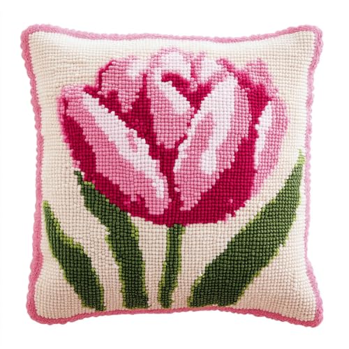 Taxpy DIY Latch Hook Set, Rosa Tulpenblüten Latch Hook Cushion Kit Sofa Cushion Cover, Stickerei Knüpf-Sets, Knüpfkissen Diy Set Kreuzstich Knüpfkissen 43x43cm Taxpy DIY Latch Hook Set, Rosa Tulpenblüten Latch Hook Cushion Kit Sofa Cushion Cover, Stickerei Knüpf-Sets, Knüpfkissen Diy Set Kreuzstich Knüpfkissen 43x43cm von Taxpy