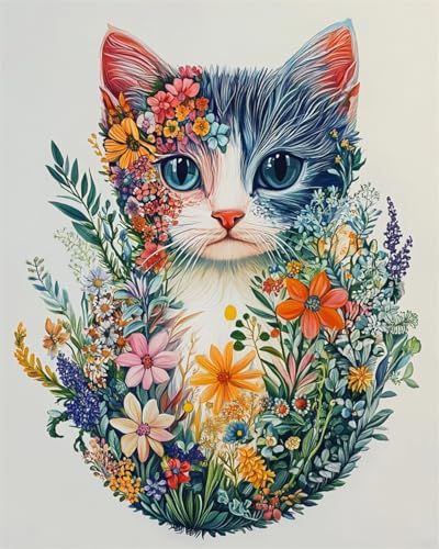 Taxpy DIY Malen-Nach-Zahlen（Diy-Rahmen） 40x50cm Cartoon-Katze Und Blumen Malen Nach Zahlen Für Erwachsene，Anfänger，Ölgemälde-Set Auf Leinwand，Wanddekoration Für Zuhause Und Das Büro von Taxpy