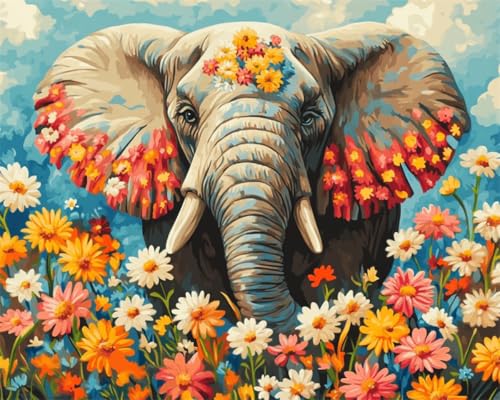 Taxpy DIY Malen-Nach-Zahlen（Diy-Rahmen） 40x50cm Elefantentier Und Bunte Gänseblümchen Digitales Malen Auf Leinwand，Acrylpigment-Sets Für Die Wanddekoration Für Zuhause Als Geschenk von Taxpy