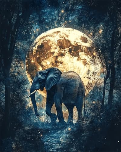 Taxpy DIY Malen-Nach-Zahlen（Diy-Rahmen） 40x50cm Fantasie Elefant Und Mond Ölgemälde-Sets Auf Leinwand Mit Pinseln Und Acrylpigment，Für Die Heimdekoration von Taxpy