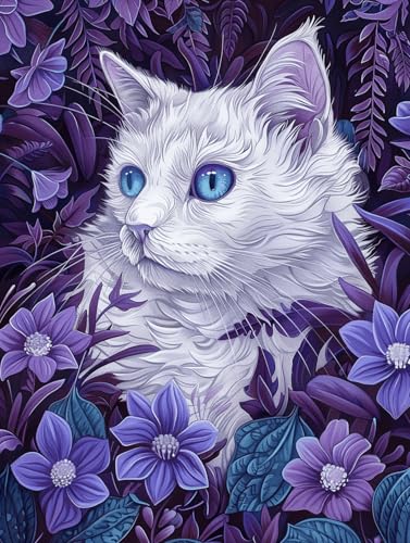 Taxpy DIY Malen-Nach-Zahlen（Diy-Rahmen） 40x50cm Fantasie Weiße Katze Und Lila Blumen Ölgemälde-Sets Auf Leinwand Mit Pinseln Und Acrylpigment，Für Die Heimdekoration von Taxpy
