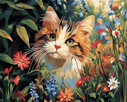 Taxpy DIY Malen-Nach-Zahlen（Diy-Rahmen） 40x50cm Katzentiere Und Bunte Blumen Malen-Nach-Zahlen-Sets Für Erwachsene，Einfaches Acrylpigment，Zeichnung，Malerei，Wanddekoration Für Zuhause von Taxpy